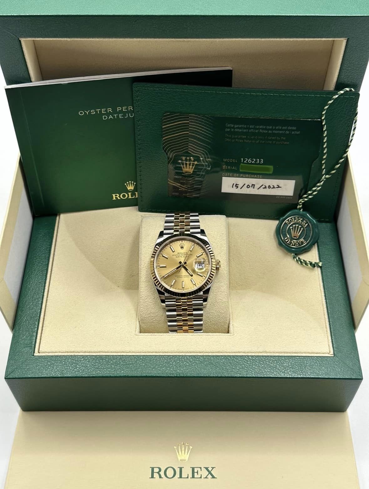 2022 Rolex Datejust 36mm 126233 Two-Tone Jubilee Champaign Stick Dial
