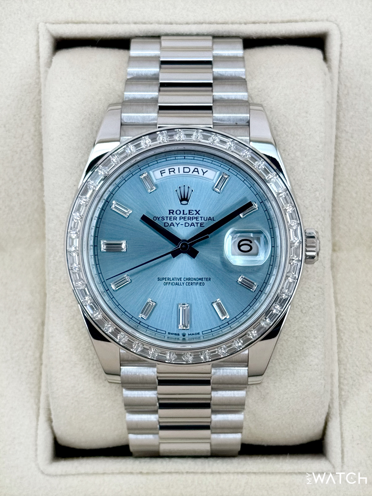 2022 Rolex Day-Date 40mm 228396TBR Ice Blue Diamond Baguette Dial