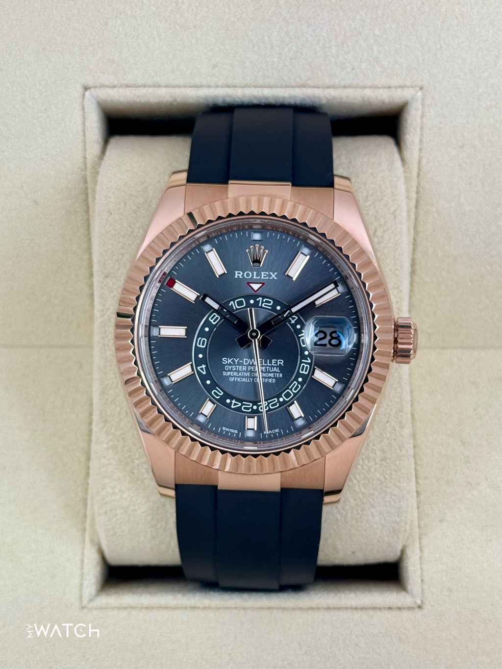 2021 Rolex Sky-Dweller 42mm 326235 Rose Gold Oysterflex Rhodium Dial