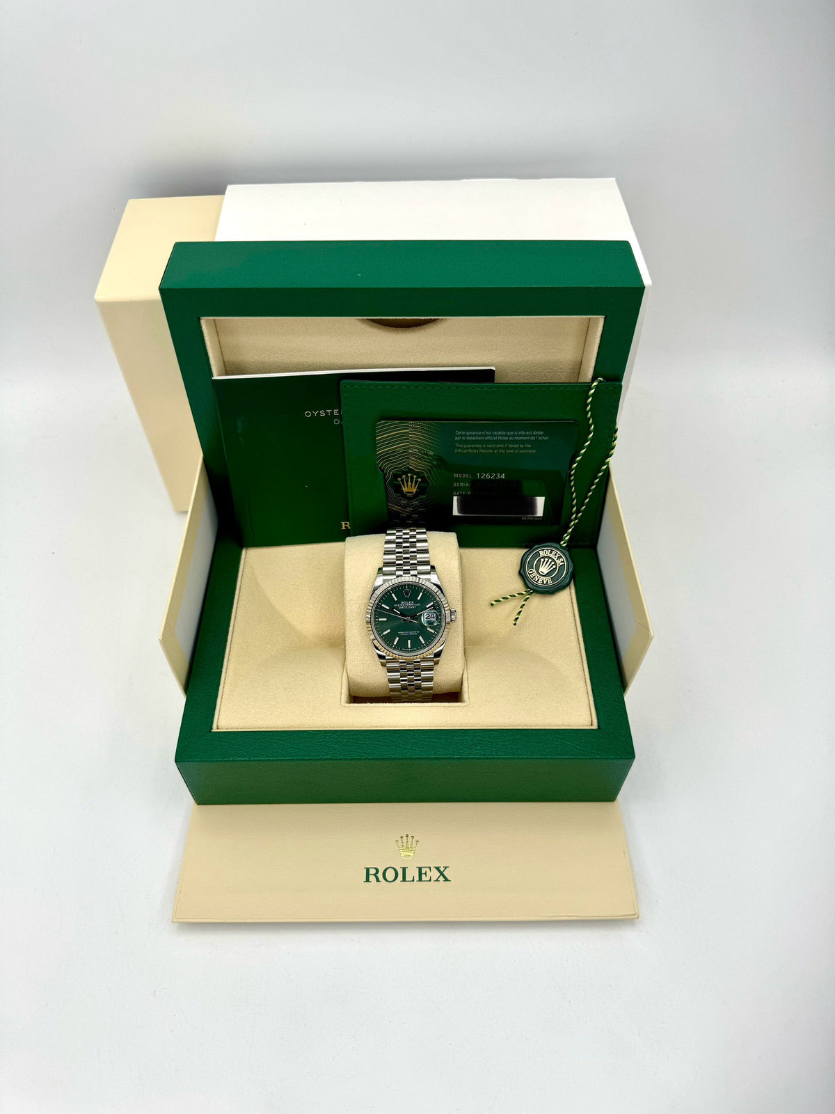 NEW 2023 Rolex Datejust 36mm 126234 Stainless Steel Jubilee Green Dial