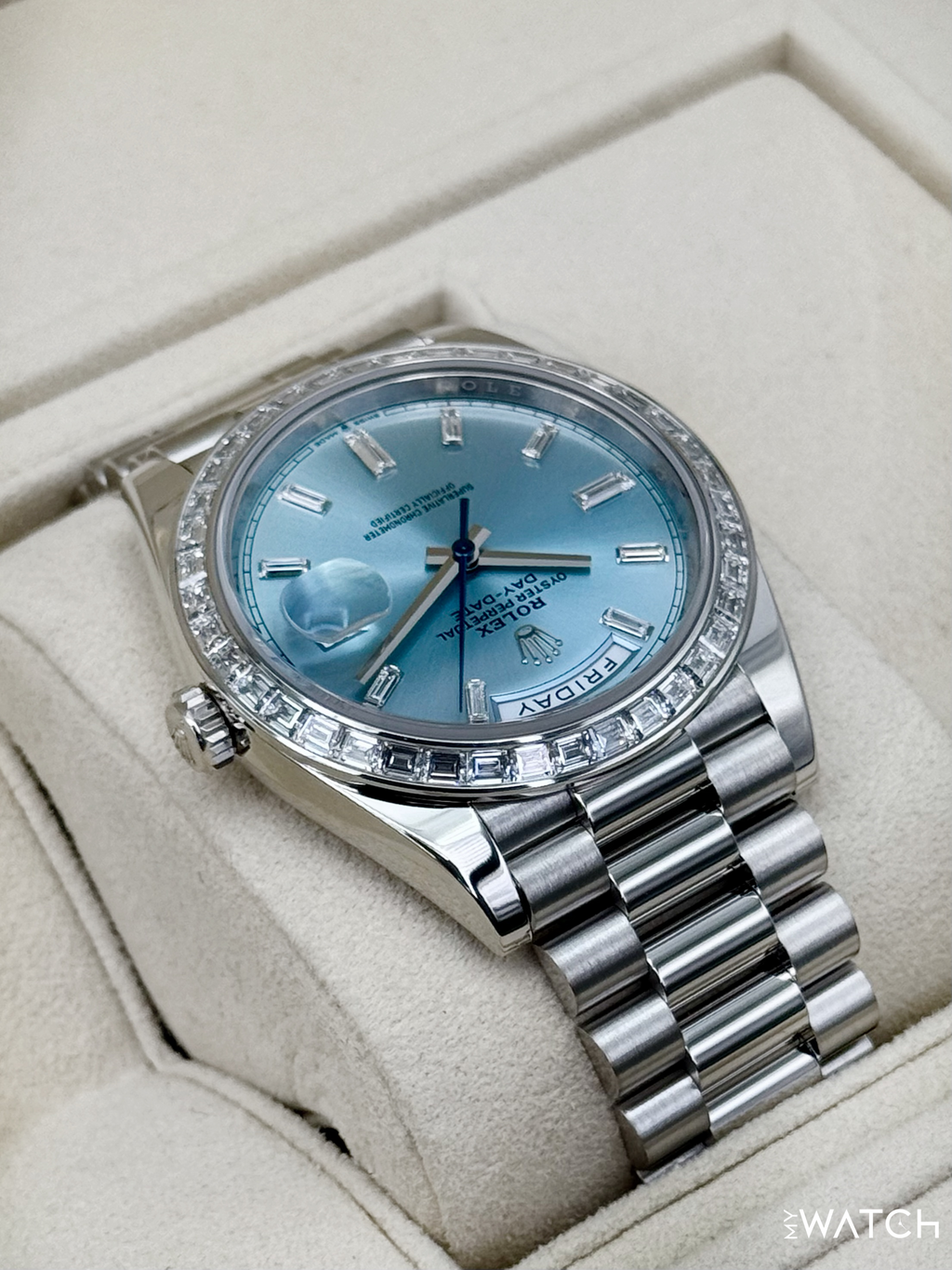 2022 Rolex Day-Date 40mm 228396TBR Ice Blue Diamond Baguette Dial