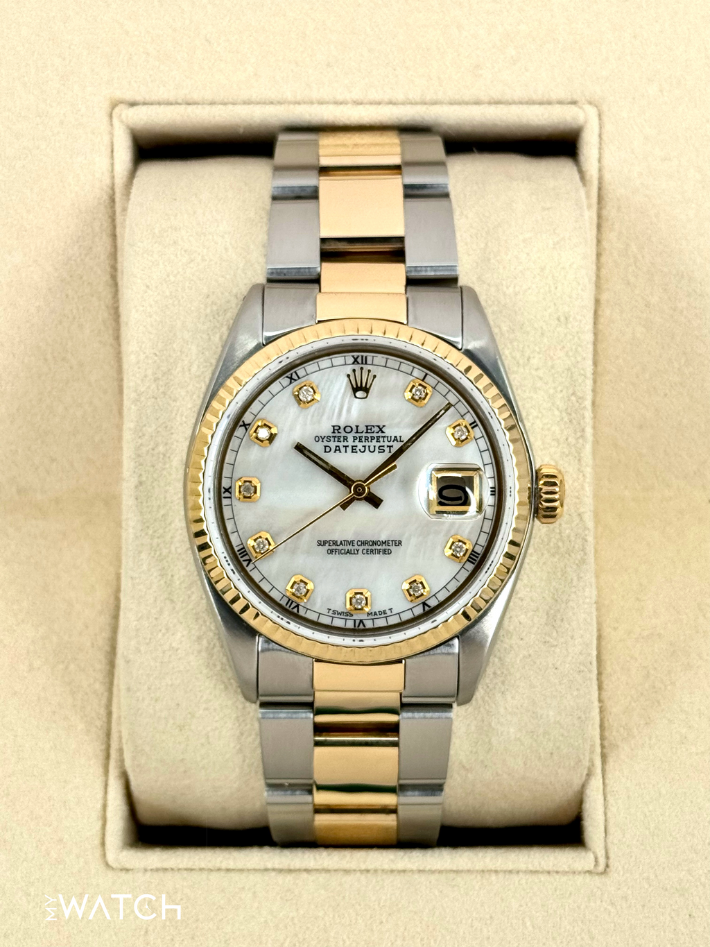 1972 Rolex Datejust 36mm 1601 Two-Tone Oyster Mother of Pearl Diamond Dial