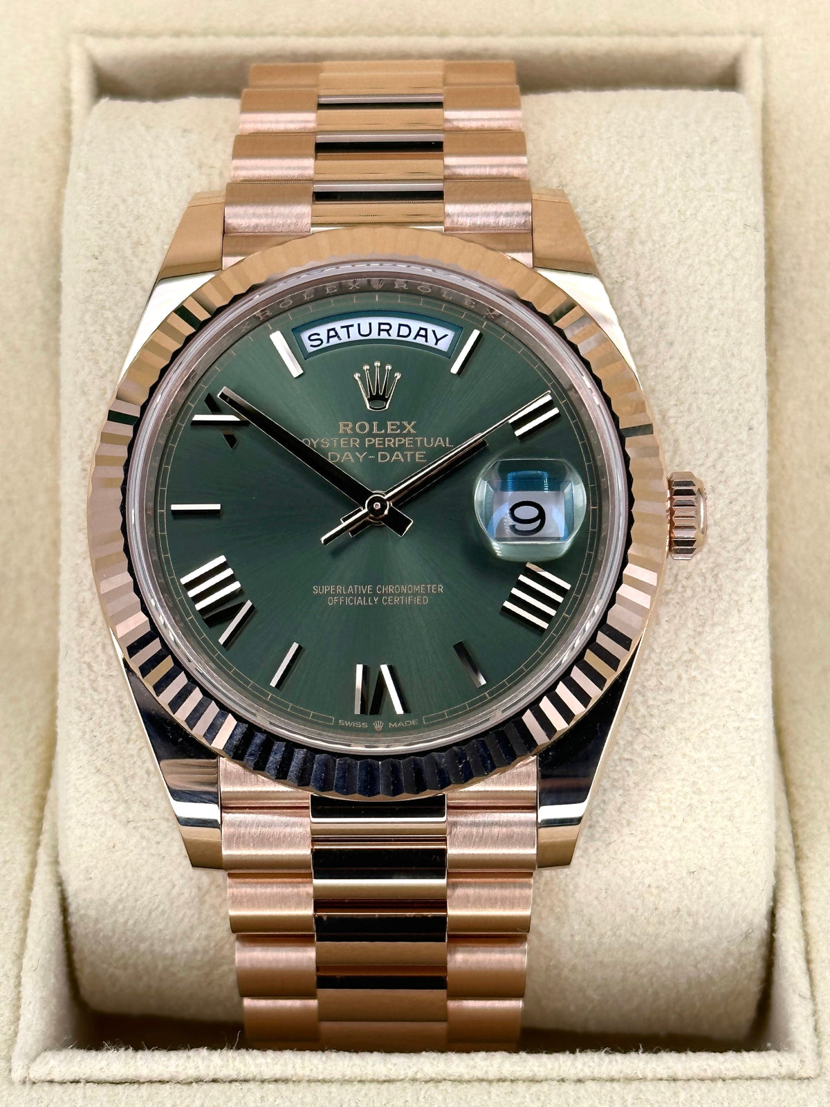 NEW 2024 Rolex Day-Date 40mm 228235 Presidential Rose Gold Olive Dial