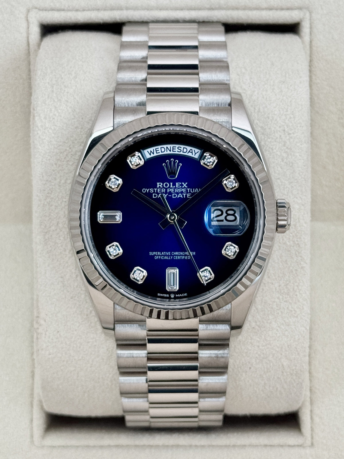 2024 Rolex Day-Date 36mm 128239 Presidential White Gold Blue Ombre Diamond Dial