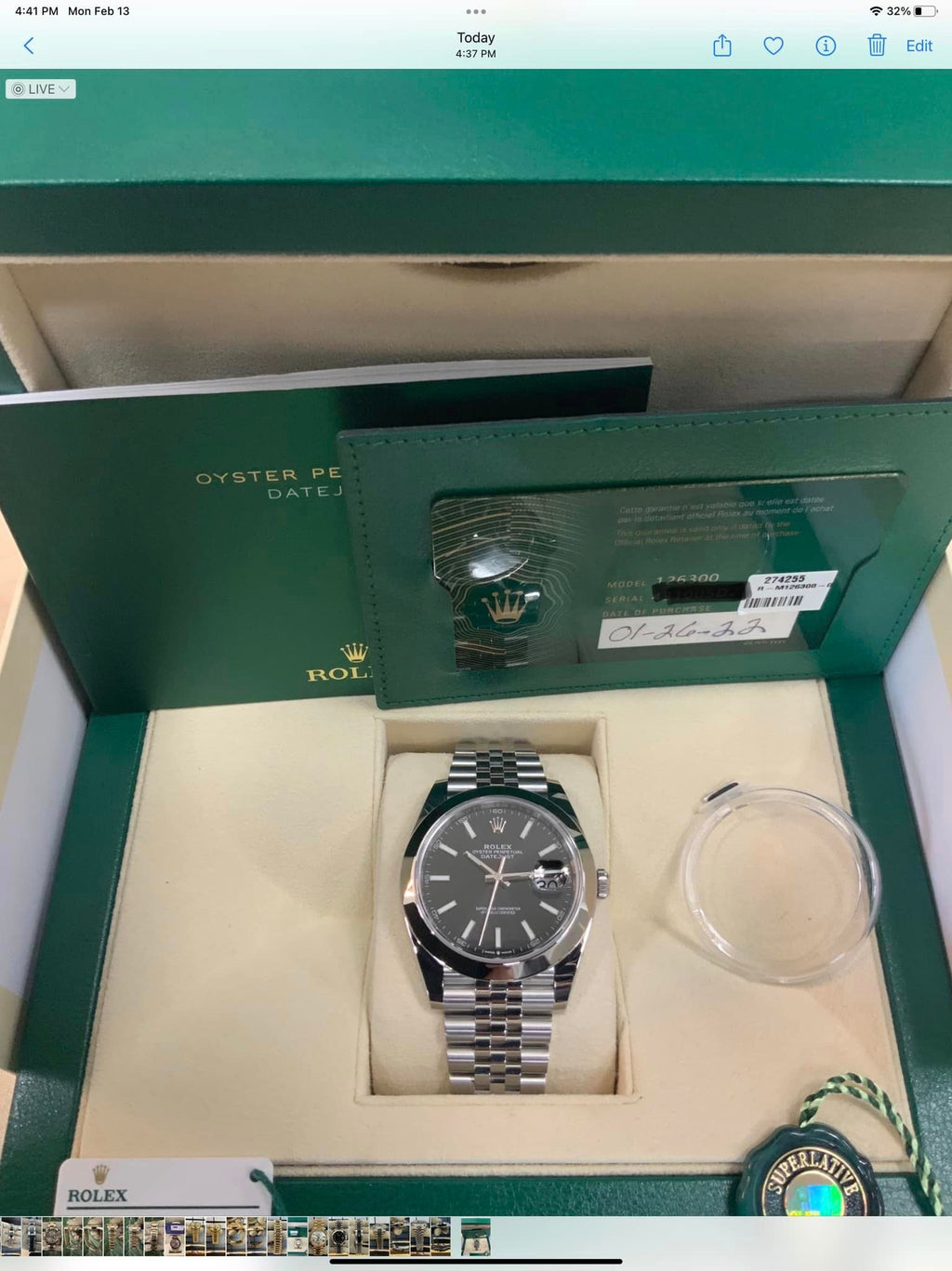 NEW 2022 Rolex Datejust 41mm 126300 Jubilee Black Stick Dial