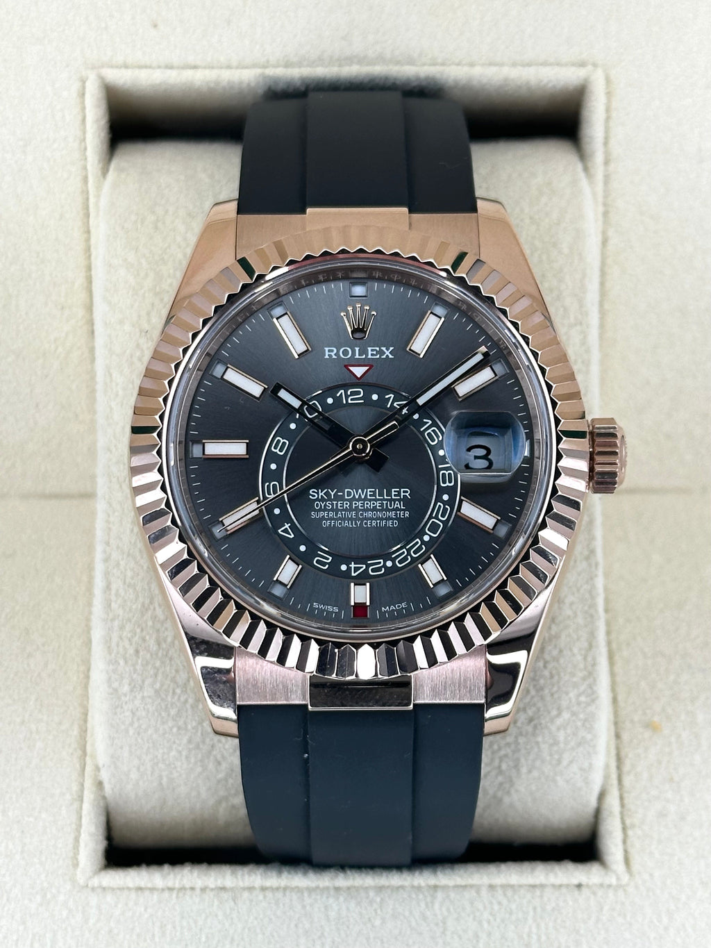 2022 Rolex Sky-Dweller 42mm 326235 Rose Gold Oysterflex Rhodium Dial