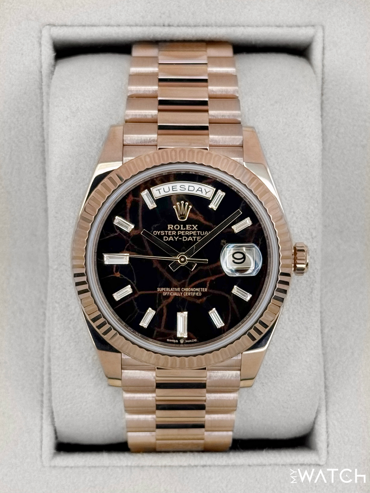 2022 Rolex Day-Date 40mm 228235 Rose Gold Eisenkiesal Baguette Dial