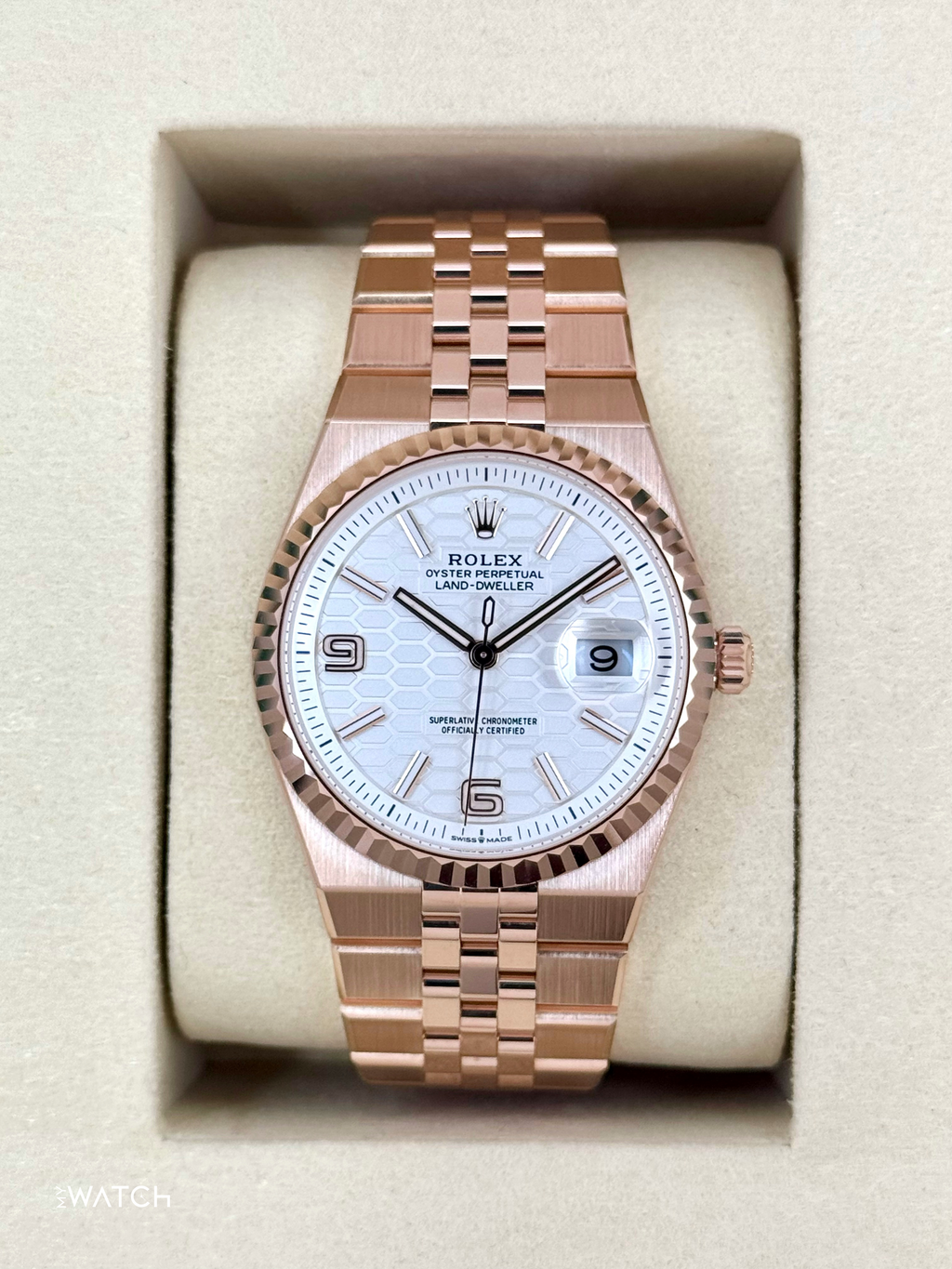 2025 Rolex Land-Dweller 36mm 127235 Rose Gold Flat Jubilee White Dial