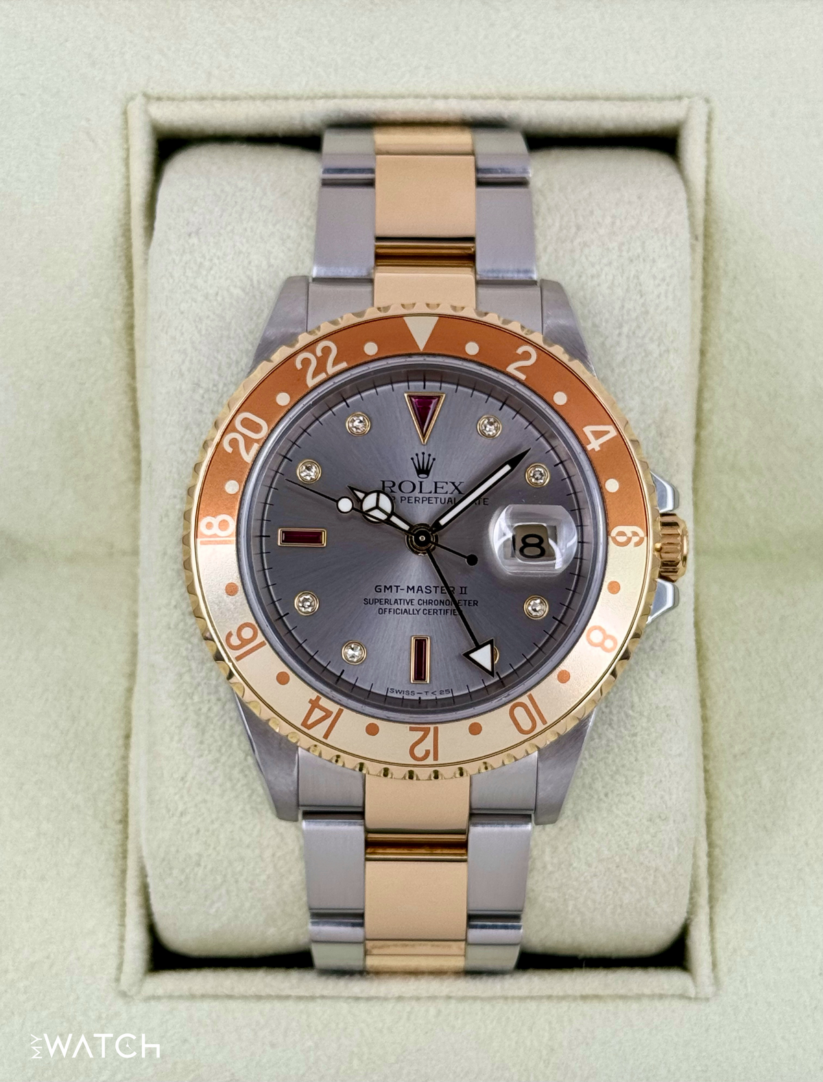 2007 Rolex GMT-Master II 40mm 16713 Slate Grey Serti Diamond Ruby Dial