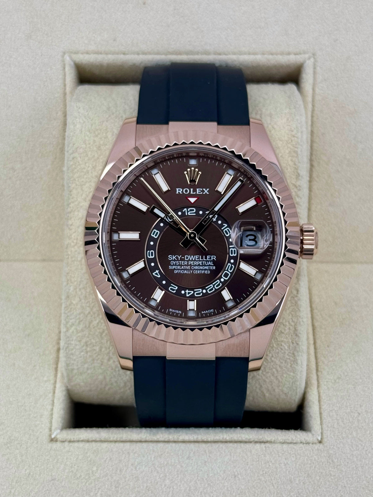 2022 Rolex Sky-Dweller 42mm 326235 Rose Gold Oysterflex Chocolate Dial