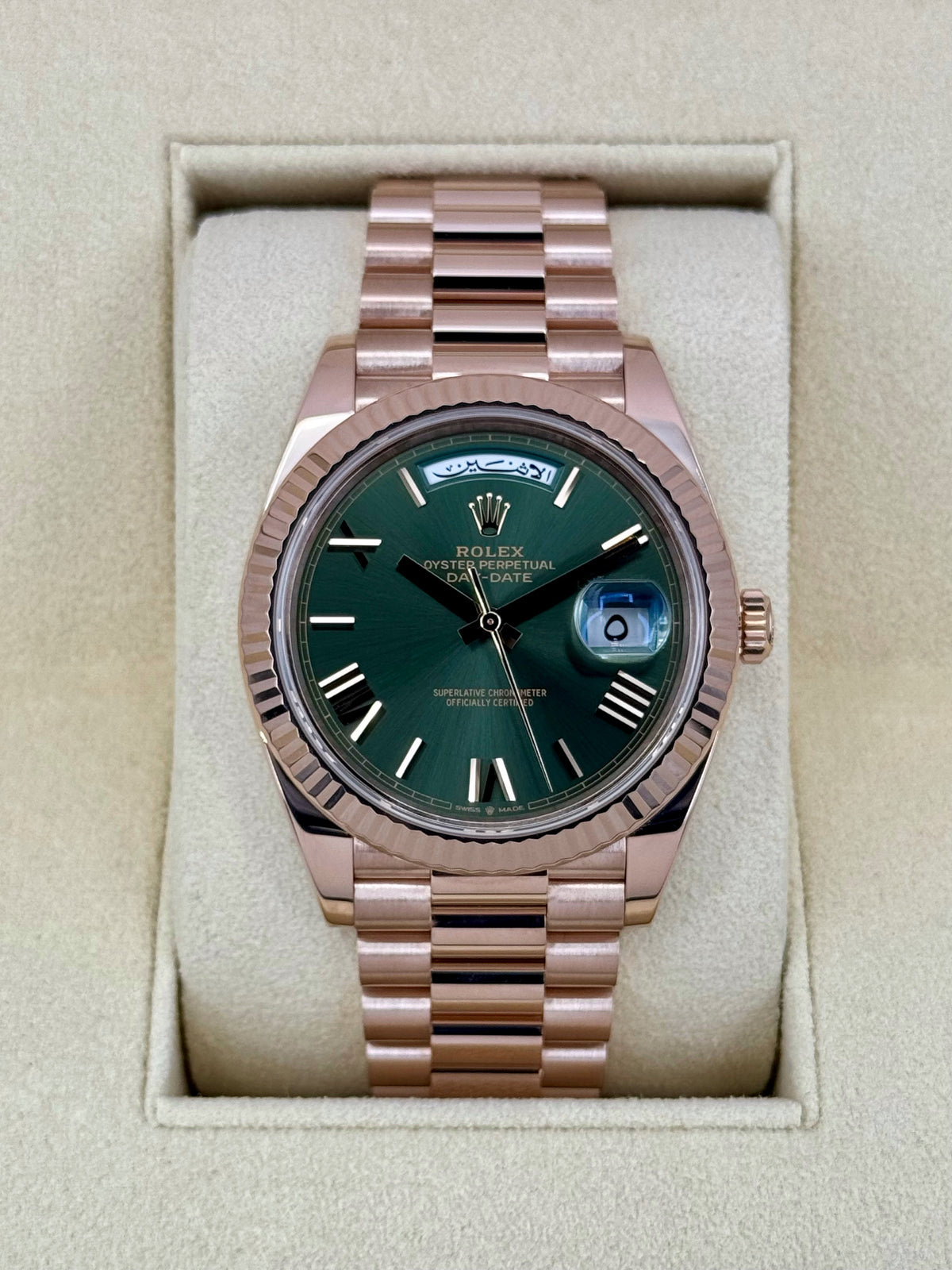 2022 Rolex Day-Date 40mm 228235 Rose Gold Olive Dial Arabic Calendar