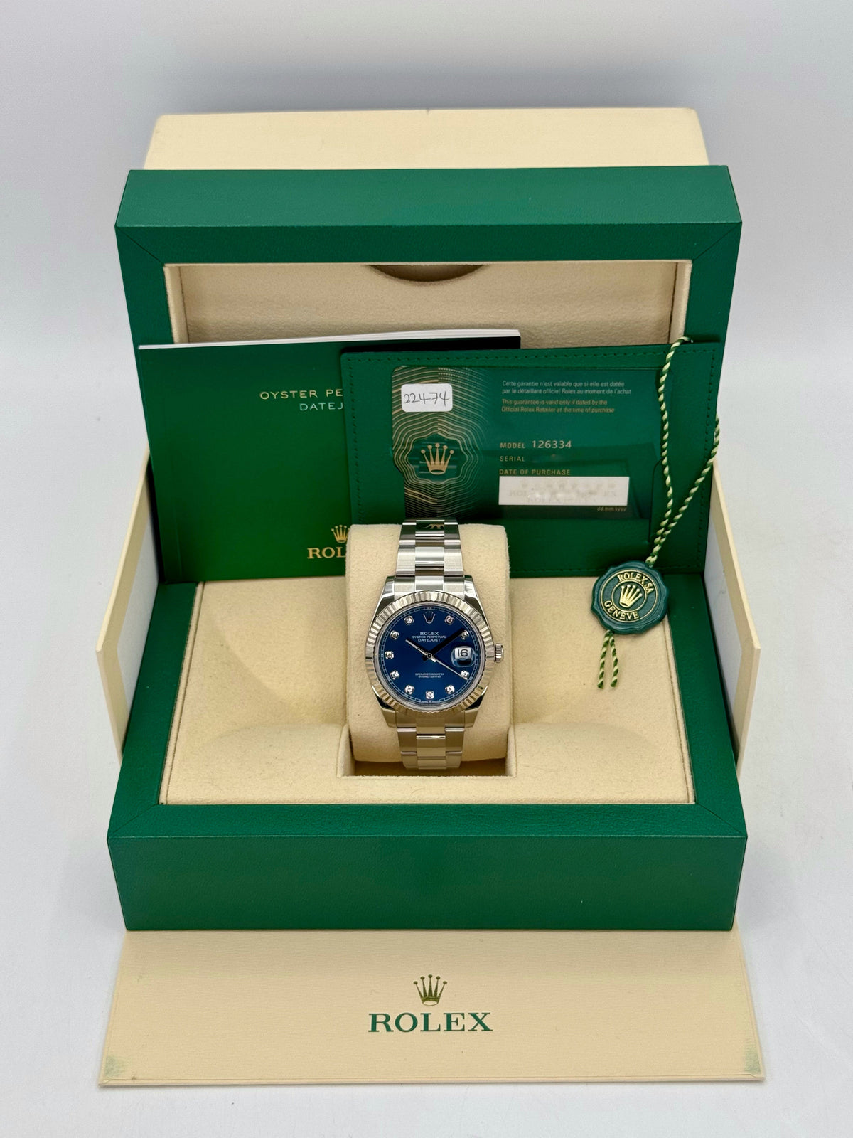 2021 Rolex Datejust 41mm 126334 Stainless Steel Oyster Blue Diamond Dial