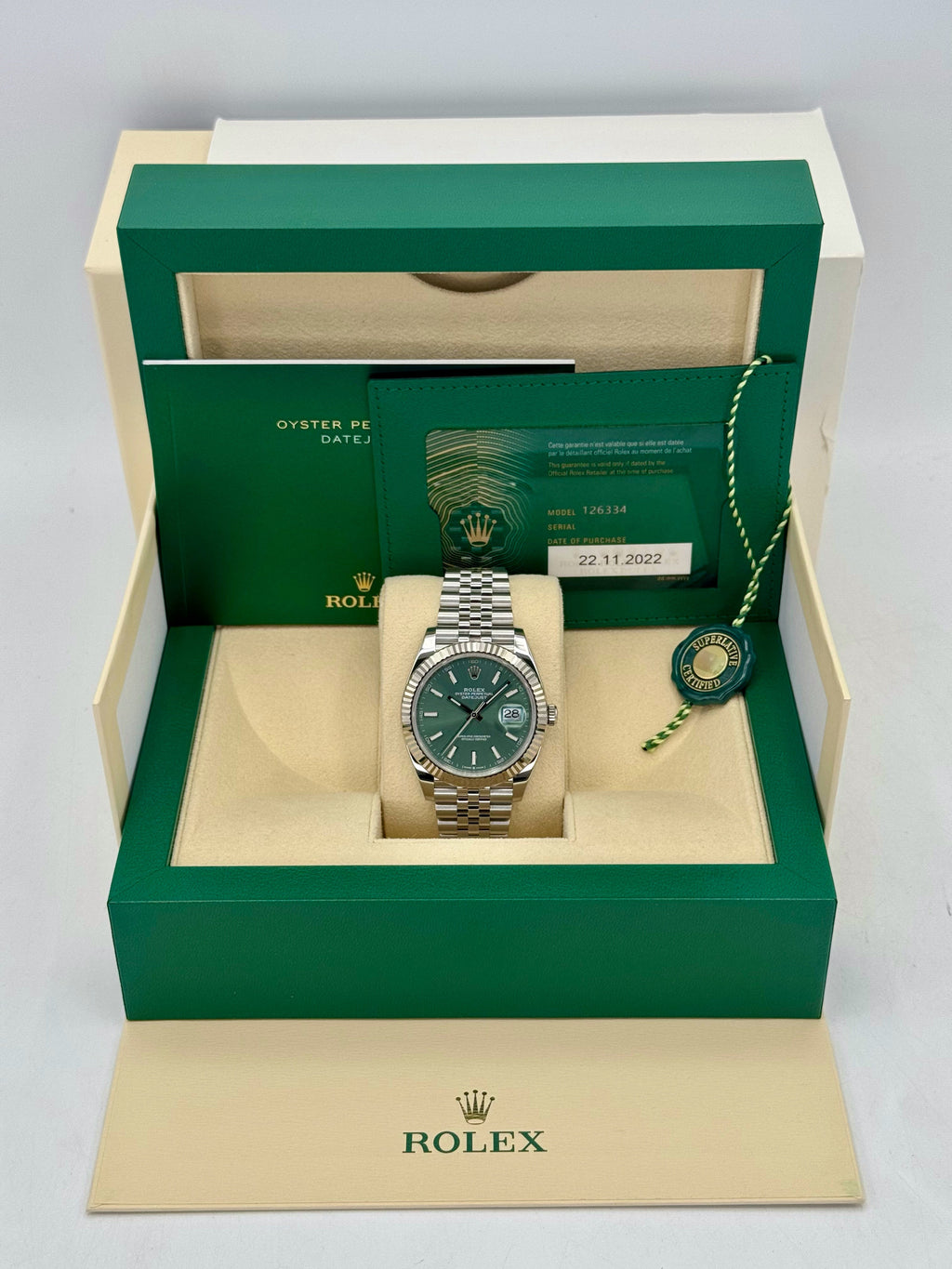 2022 Rolex Datejust 41mm 126334 Stainless Steel Jubilee Green Dial