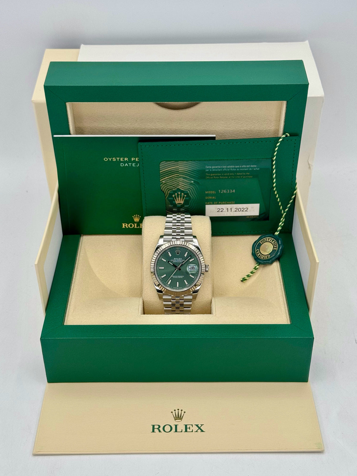 2022 Rolex Datejust 41mm 126334 Stainless Steel Jubilee Green Dial