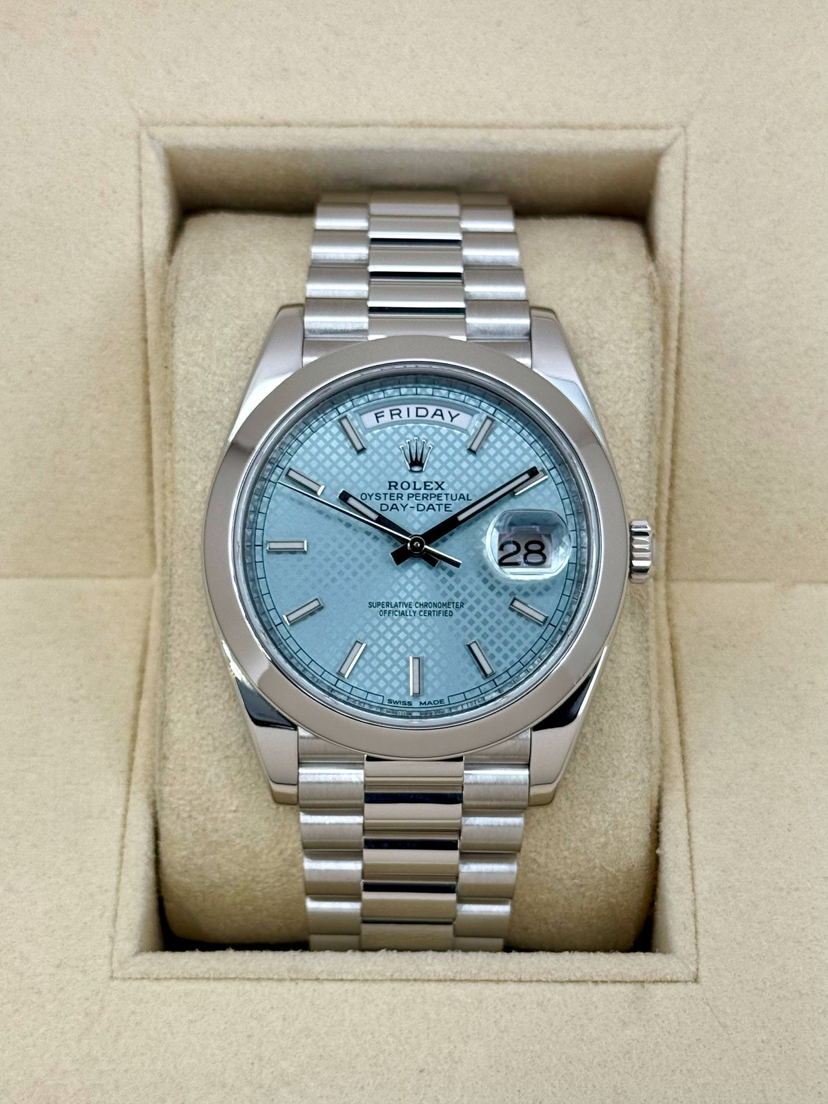 2018 Rolex Day-Date 40mm 228206 Platinum Blue Motif Dial