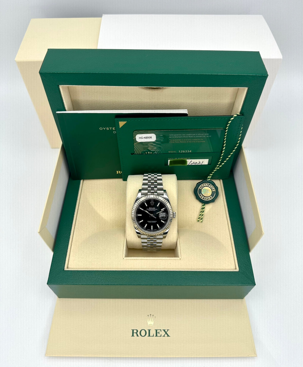 2021 Rolex Datejust 41mm 126334 Stainless Steel Jubilee Black Stick Dial
