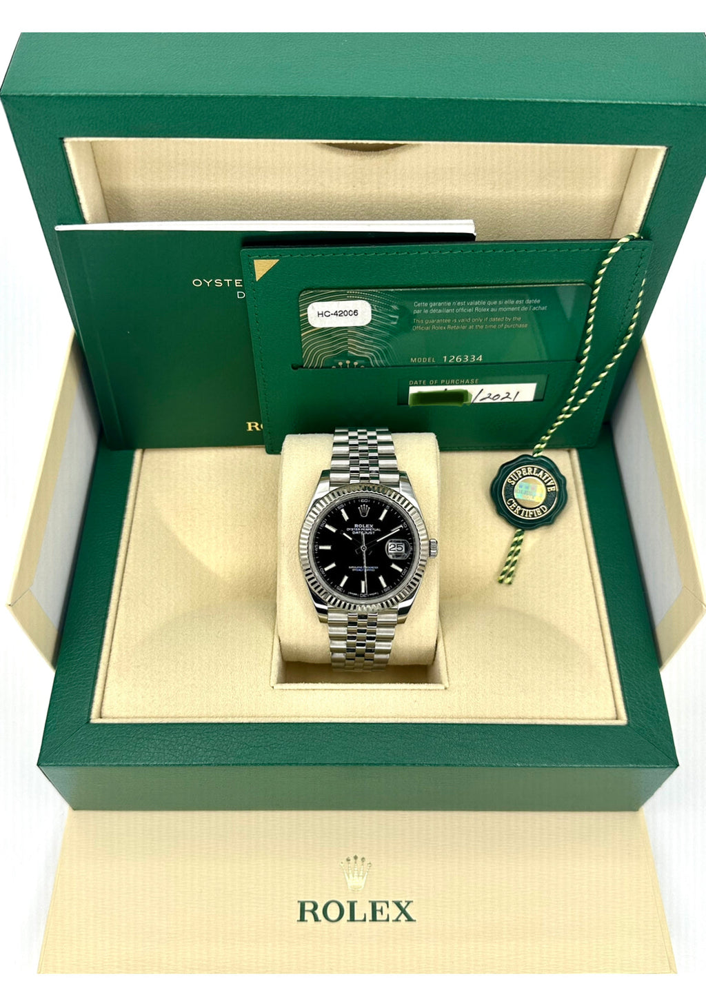 2021 Rolex Datejust 41mm 126334 Stainless Steel Jubilee Black Stick Dial