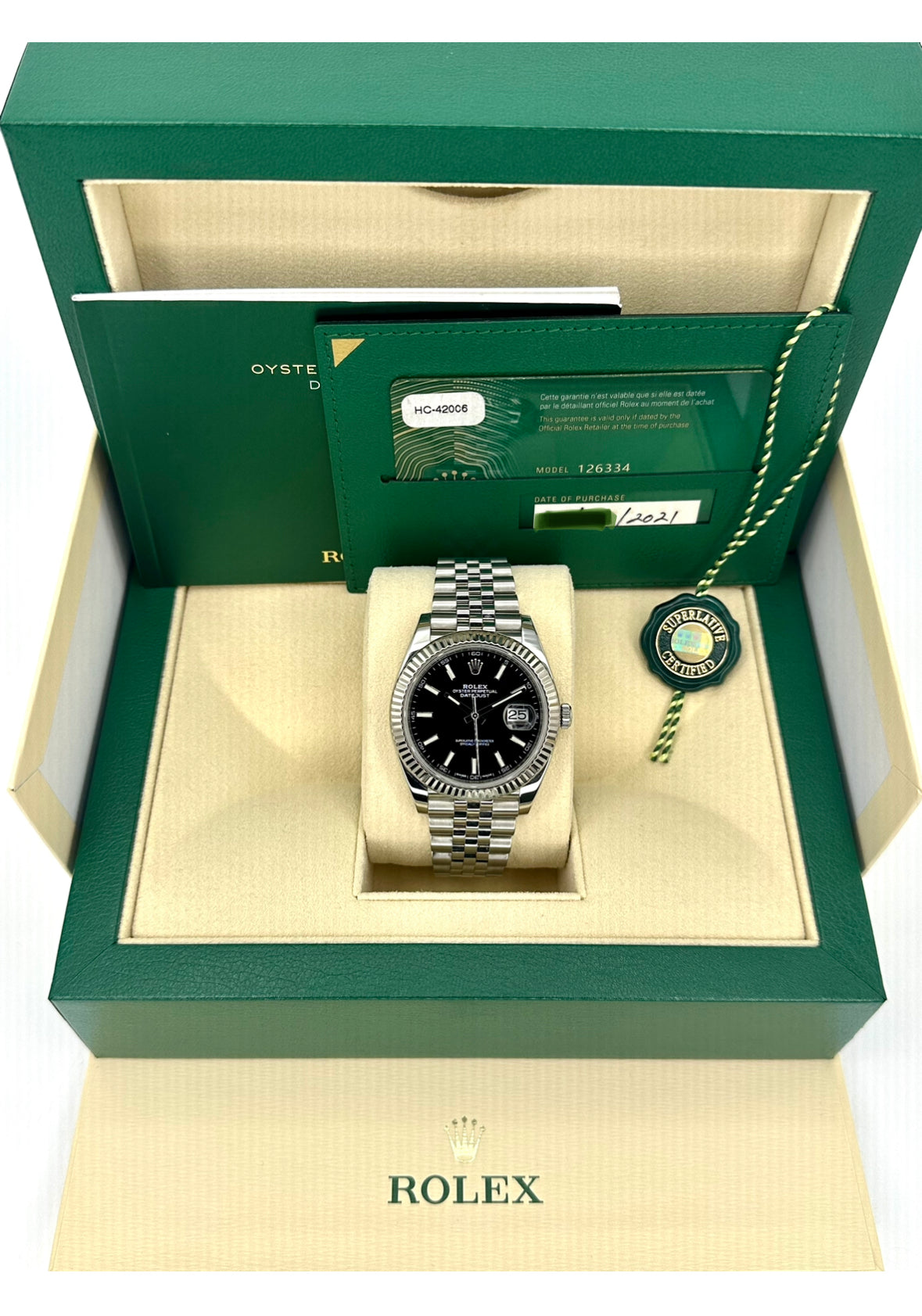 2021 Rolex Datejust 41mm 126334 Stainless Steel Jubilee Black Stick Dial