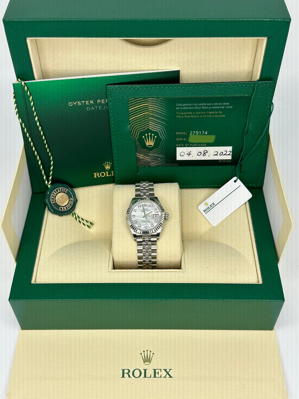 2022 Rolex Lady-Datejust 28mm 279174 Jubilee Mother of Pearl Diamond Dial