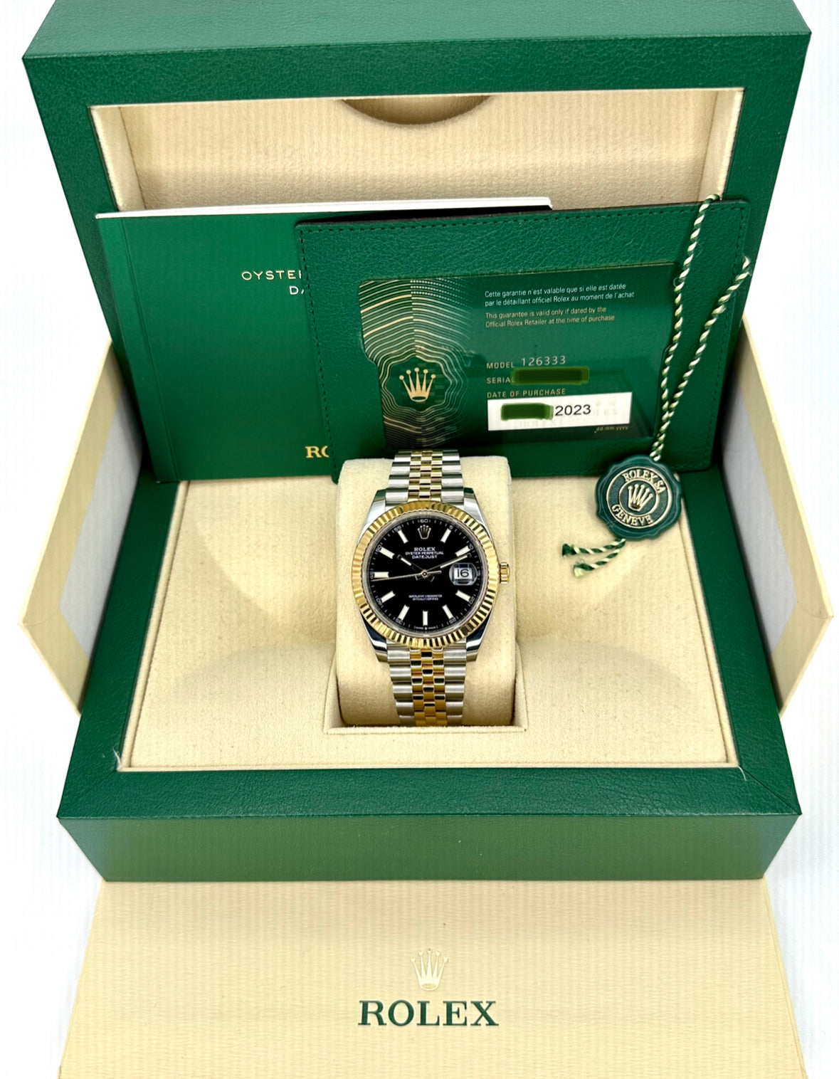 2023 Rolex Datejust 41mm 126333 Two-Tone Jubilee Black Stick Dial