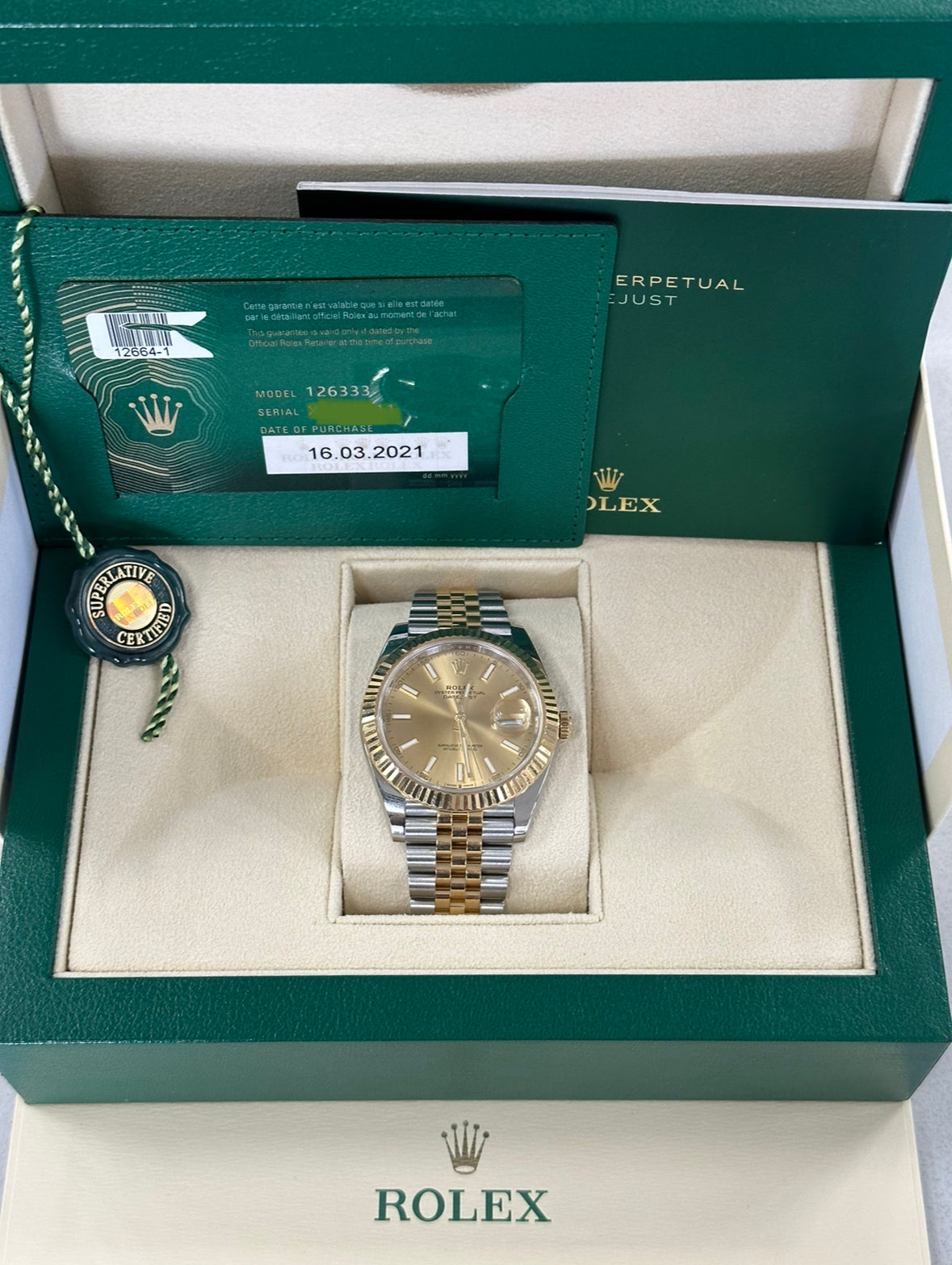 2021 Rolex Datejust 41mm 126333 Two-Tone Champagn Stick Dial
