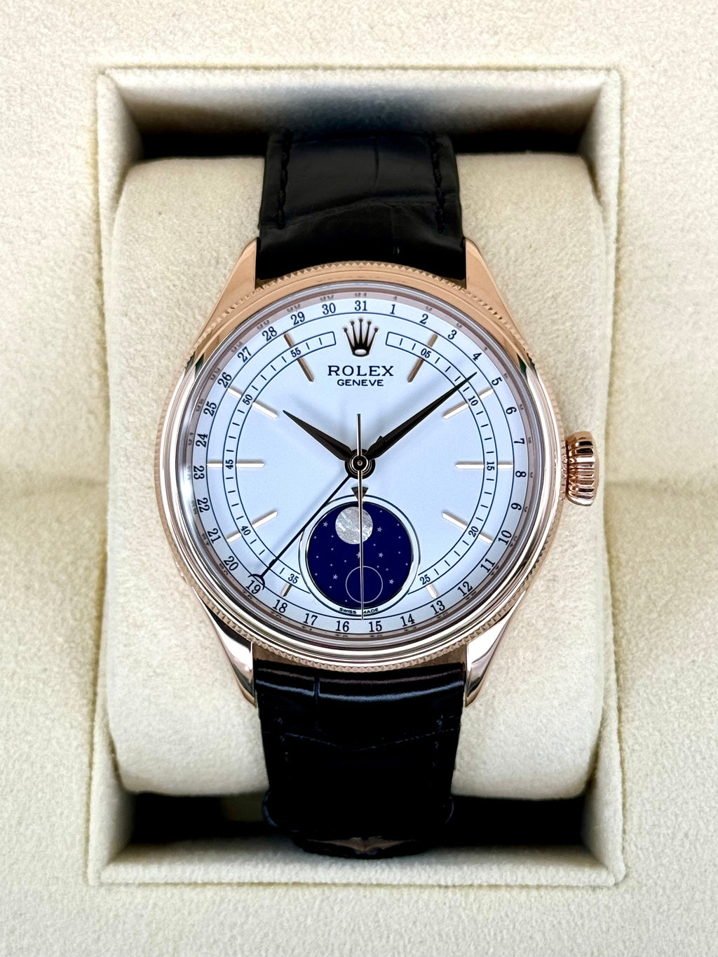 2018 Rolex Cellini Moonphase 39mm 50535 Rose Gold White Dial