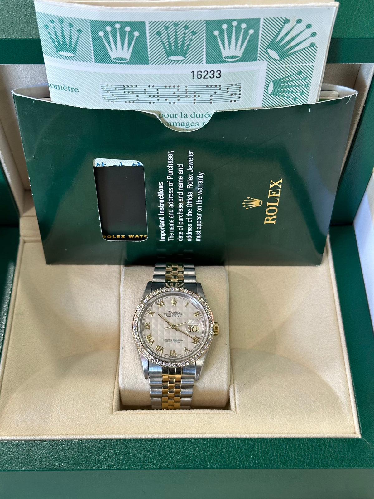 Rolex Datejust 36mm 16233 Two-Tone White Pyramid Roman Numeral Dial